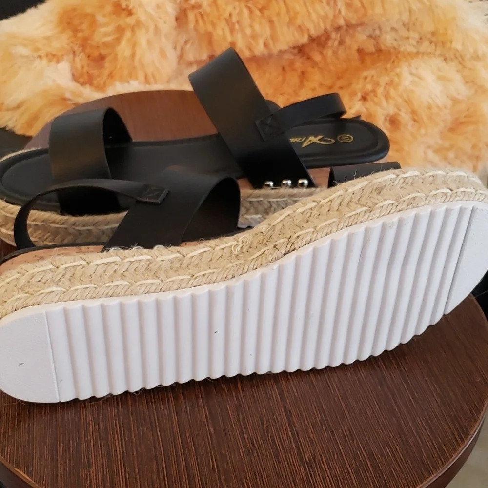 Athlefit Espadrilles Platform Wedge Open Toe Black Sandals Size 11